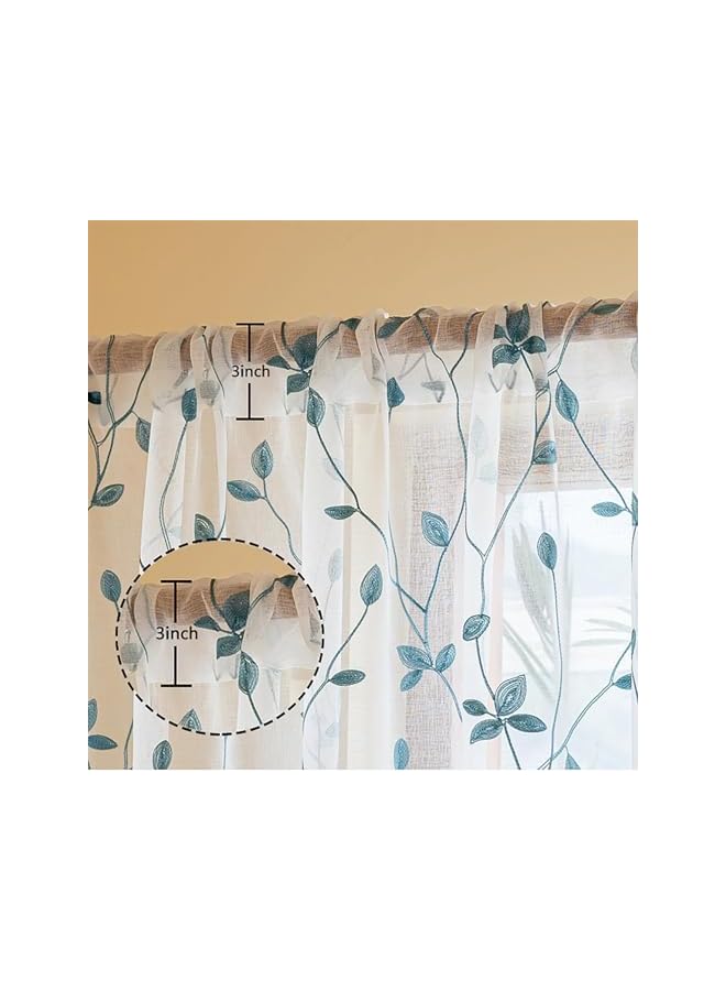 The Bros ستائر نصف شفافة بنمط أوراق 2 لوحة، 137 × 213 سم مزخرفة بالأزهار للنوافذ لغرفة النوم وغرفة المعيشة، تصميم جيب القضيب، أبيض وزمردي - Image 3
