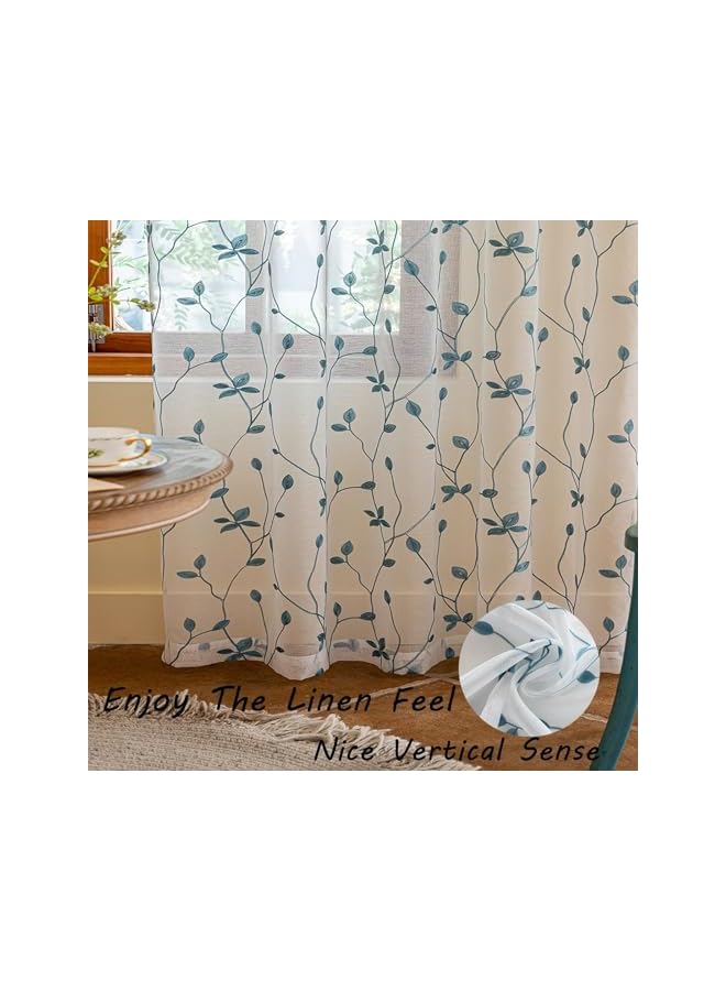 The Bros ستائر نصف شفافة بنمط أوراق 2 لوحة، 137 × 213 سم مزخرفة بالأزهار للنوافذ لغرفة النوم وغرفة المعيشة، تصميم جيب القضيب، أبيض وزمردي - Image 5