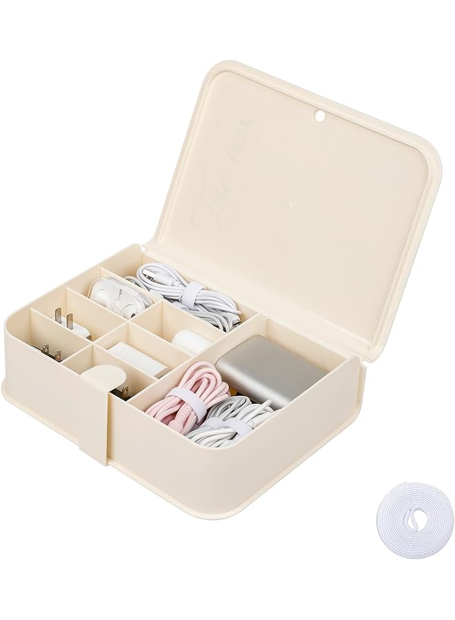 promass Plastic Cable Organizer Box with Lid and 8 Compartment, Cord Management Storage Case, Cable Organizer Bag for Home Office Desk, Drawer, Phone Charger, Wires, Beige - Image 1