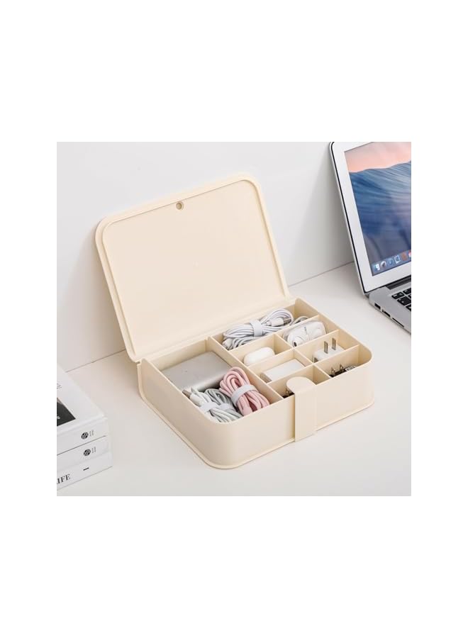promass Plastic Cable Organizer Box with Lid and 8 Compartment, Cord Management Storage Case, Cable Organizer Bag for Home Office Desk, Drawer, Phone Charger, Wires, Beige - Image 5