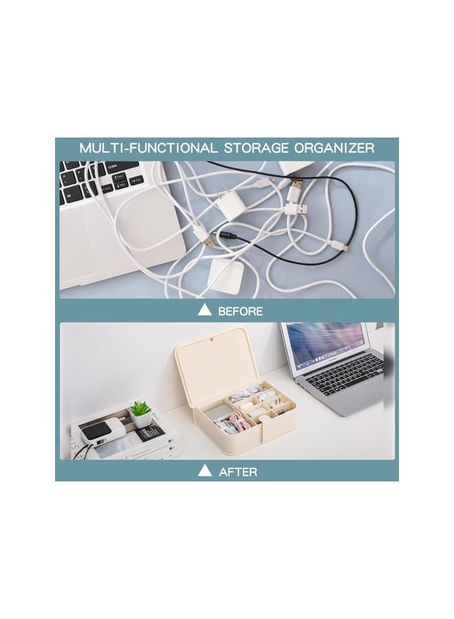 promass Plastic Cable Organizer Box with Lid and 8 Compartment, Cord Management Storage Case, Cable Organizer Bag for Home Office Desk, Drawer, Phone Charger, Wires, Beige - Image 3