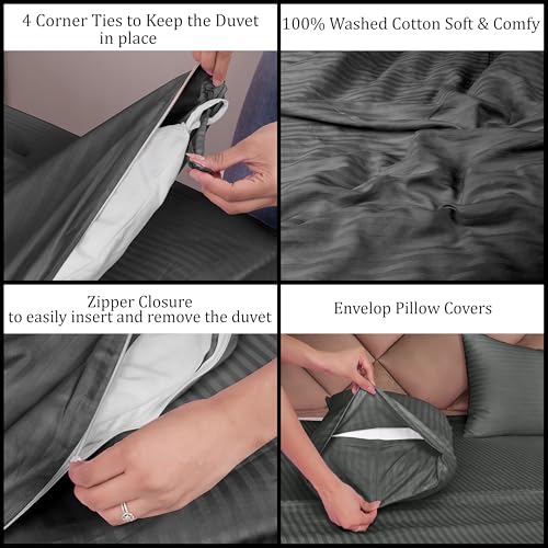AVI Zippered 100% Cotton 210TC Satin Striped Single Duvet Cover | Quilt Cover Blanket Cover Razai Comforter Cover with 1 Pillow Cover- 61 X 91 Inch, Grey - Image 3