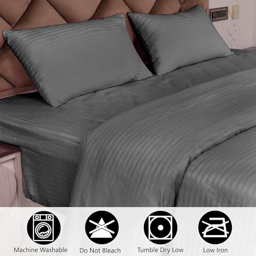 AVI Zippered 100% Cotton 210TC Satin Striped Single Duvet Cover | Quilt Cover Blanket Cover Razai Comforter Cover with 1 Pillow Cover- 61 X 91 Inch, Grey - Image 4