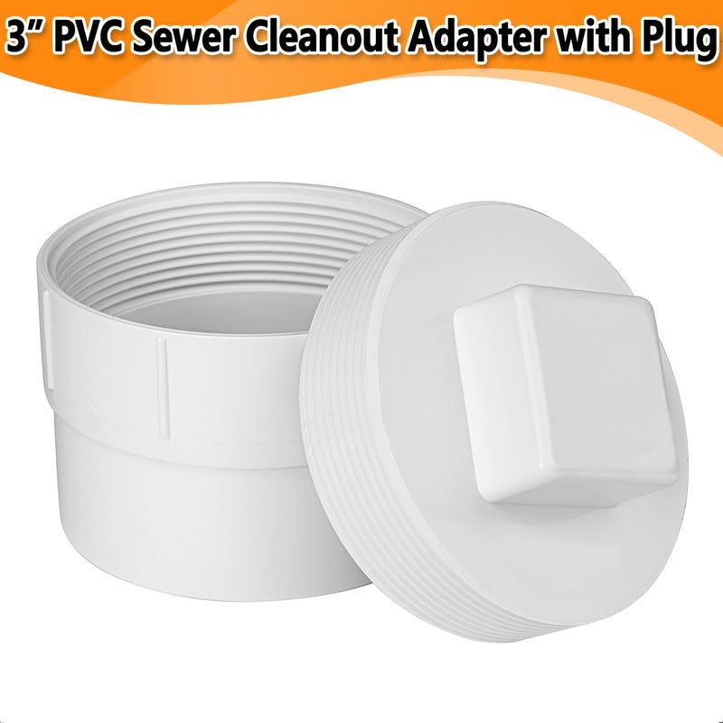 Cinsda 3" PVC Sewer Cleanout Adapter with Plug Pipe Fitting, PVC DWV Flush Sewer Cleanout Cap for Drainage Piping System  - Image 2