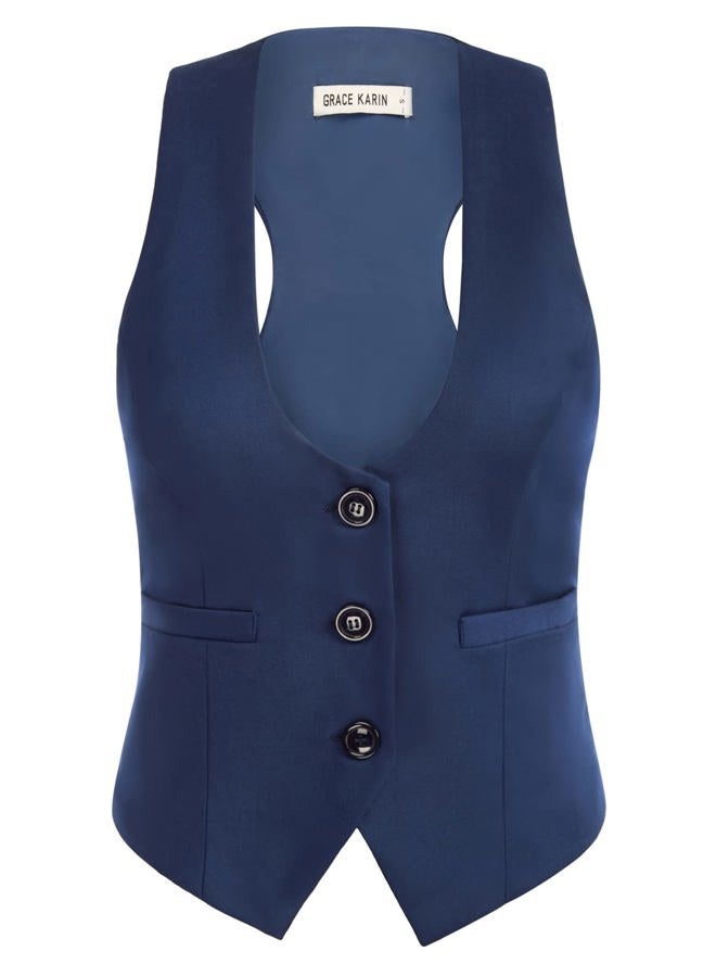 GRACE KARIN Women's Vest Vintage Steampunk Dress Racerback Jacquard Jacket, Navy, Small - Image 1