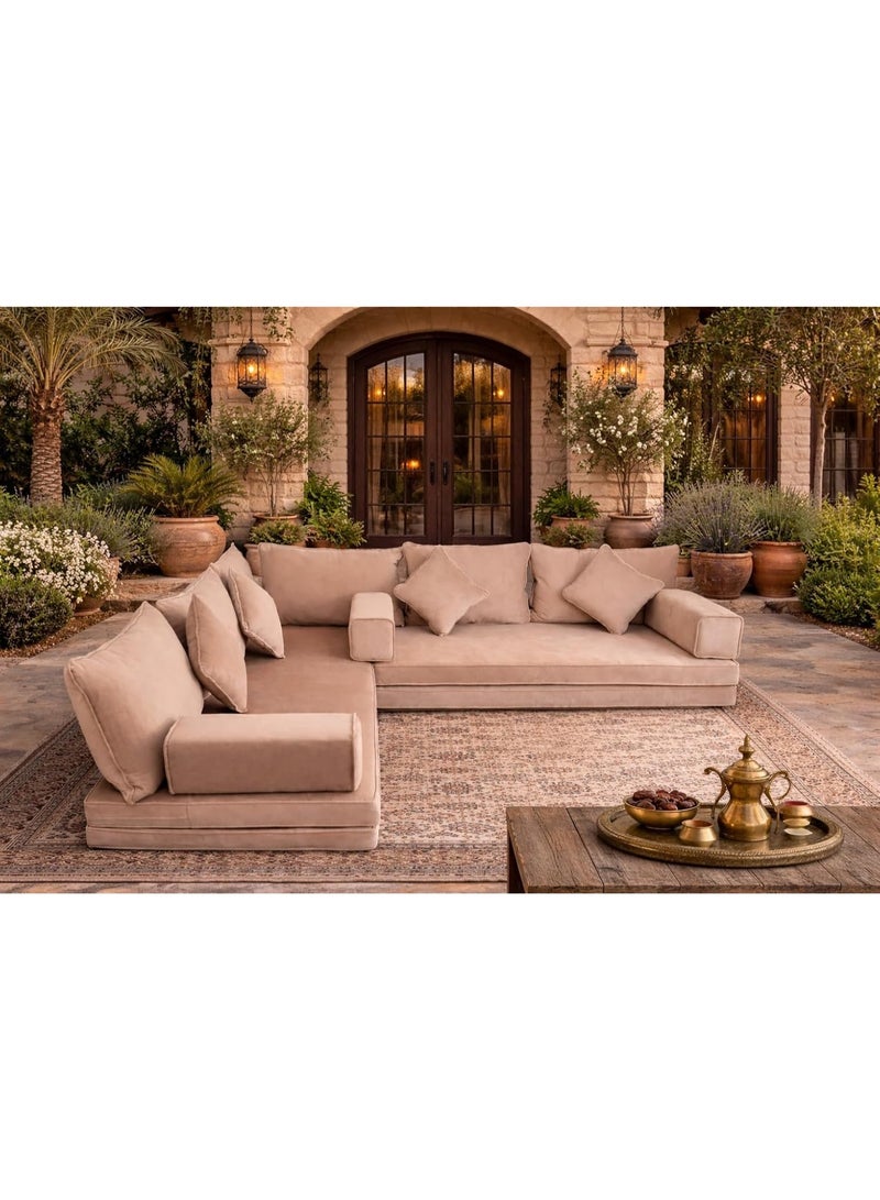Xboat Modern L-Shaped Floor Majlis Sofa Set – Beige Velvet | Arabic Style Lounge Seating - Image 1