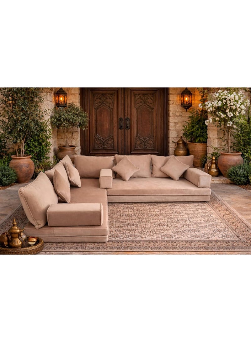 Xboat Modern L-Shaped Floor Majlis Sofa Set – Beige Velvet | Arabic Style Lounge Seating - Image 2