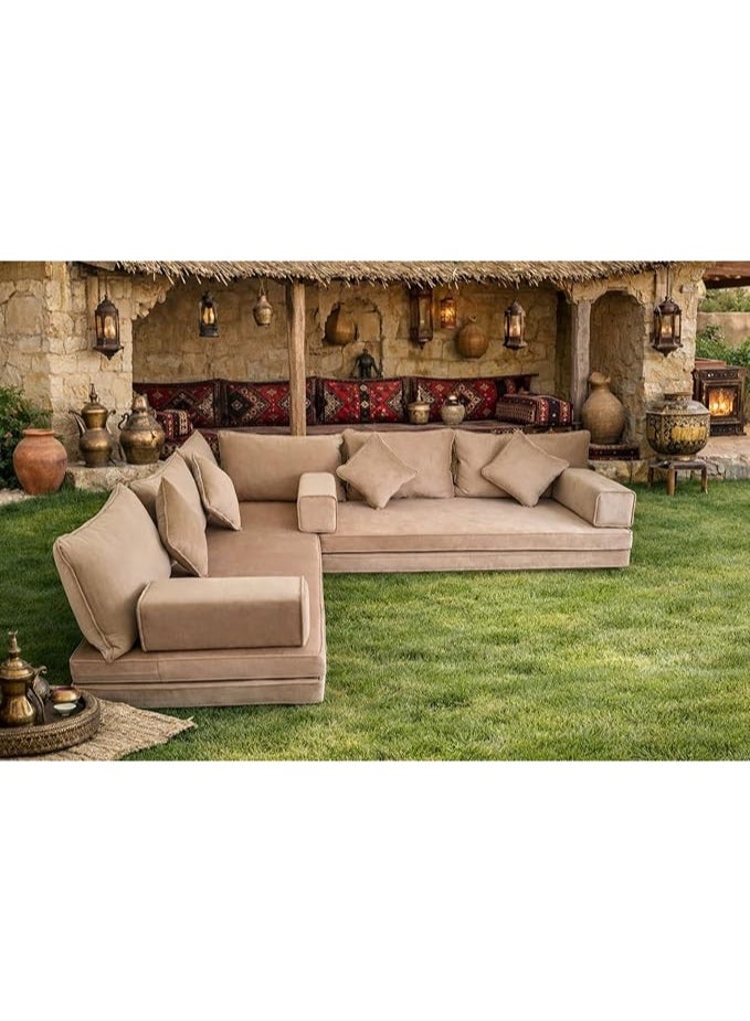 Xboat Modern L-Shaped Floor Majlis Sofa Set – Beige Velvet | Arabic Style Lounge Seating - Image 3