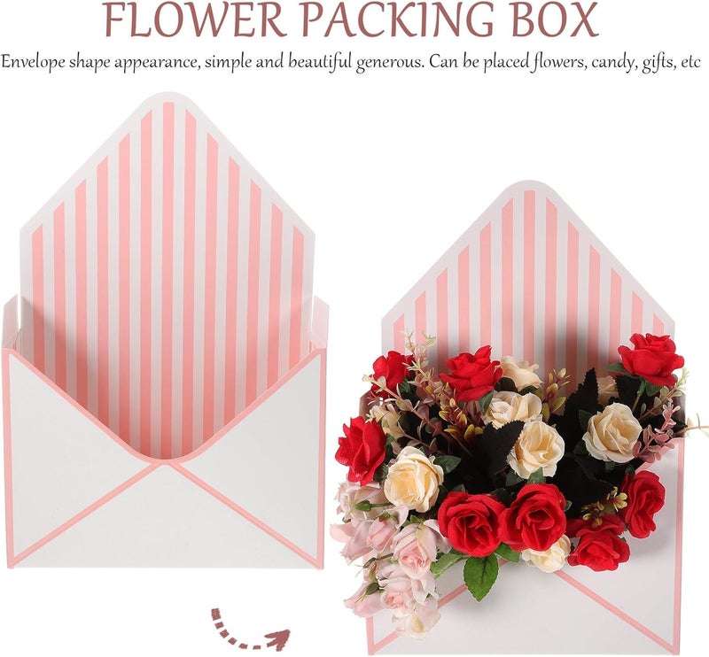 COOPHYA 10pcs White and Pink Stripe Envelope Flower Boxes Folding Paper Flower Packing Containers for Florist Bouquets Wrapping and Storage - Image 3