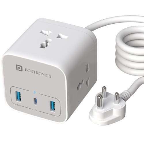 Portronics 20W Volt 20 High Speed Smart Desktop Charger with 3M Copper Cable, Type C PD Port, 2 USB Mach Port, 3 AC Power Socket, Compatible with Laptop,Smartphones,iPhones,Tablet,Power Bank(White) - Image 1