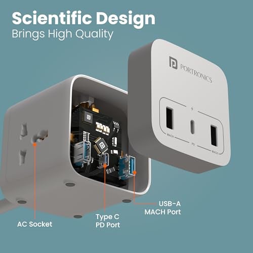 Portronics 20W Volt 20 High Speed Smart Desktop Charger with 3M Copper Cable, Type C PD Port, 2 USB Mach Port, 3 AC Power Socket, Compatible with Laptop,Smartphones,iPhones,Tablet,Power Bank(White) - Image 3