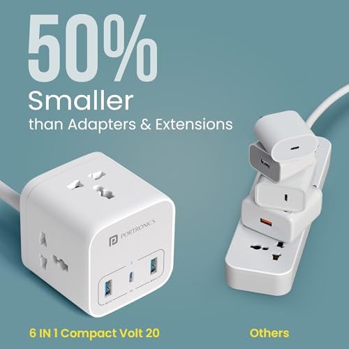 Portronics 20W Volt 20 High Speed Smart Desktop Charger with 3M Copper Cable, Type C PD Port, 2 USB Mach Port, 3 AC Power Socket, Compatible with Laptop,Smartphones,iPhones,Tablet,Power Bank(White) - Image 2