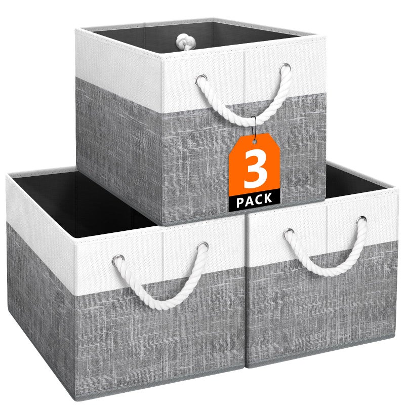 Fab totes Fab totes Storage Bins 3Pack Foldable Storage Baskets for Organizing Toys Books Shelves Closet Large Storage Box with Rope Handles Sturdy Organizer Bins White  Grey 