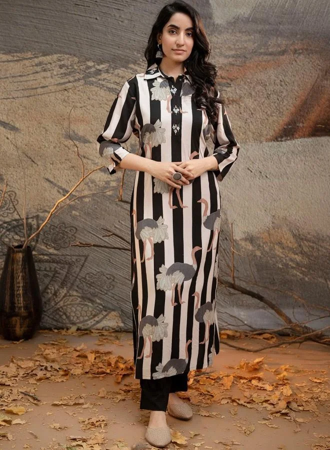 ISHIN Women'S Black Rayon Embroidered Tunic Full Length Palazzo Straight Fit Kurta Set