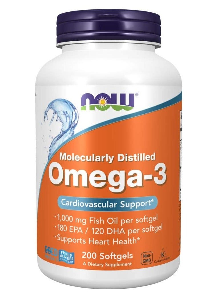 NOW Omega-3 1000mg, Molecularly Distilled, 200 Softgels, Supports Heart & Brain Health - Image 1