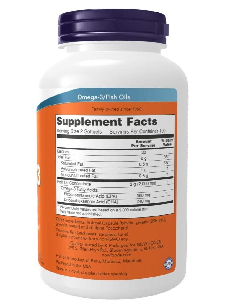 NOW Omega-3 1000mg, Molecularly Distilled, 200 Softgels, Supports Heart & Brain Health - Image 2