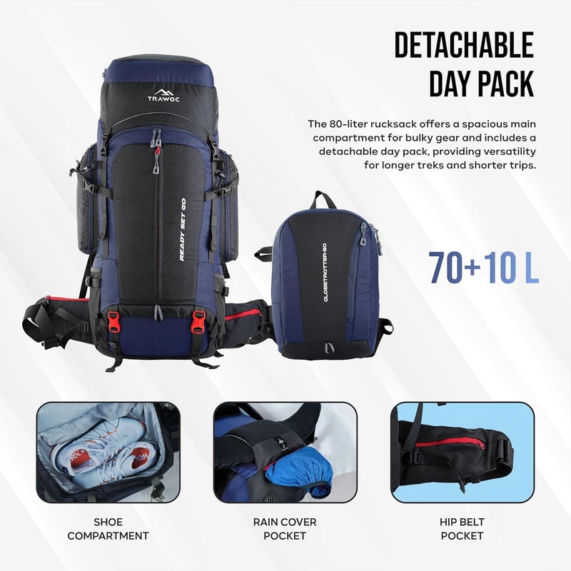 Trawoc Internal Metal & Fiber Frame 80 Liter (70+10) Travel Backpack with Detachable Daypack | Laptop Sleeve, Rain Cover and Shoe Compartment BHK012 - Image 4