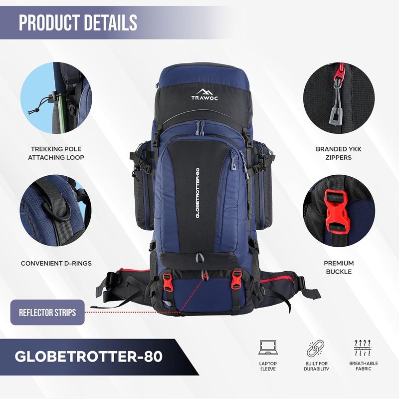 Trawoc Internal Metal & Fiber Frame 80 Liter (70+10) Travel Backpack with Detachable Daypack | Laptop Sleeve, Rain Cover and Shoe Compartment BHK012 - Image 2