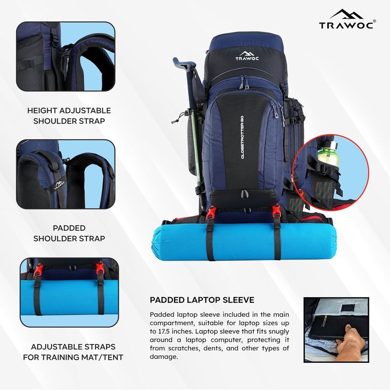 Trawoc Internal Metal & Fiber Frame 80 Liter (70+10) Travel Backpack with Detachable Daypack | Laptop Sleeve, Rain Cover and Shoe Compartment BHK012 - Image 5