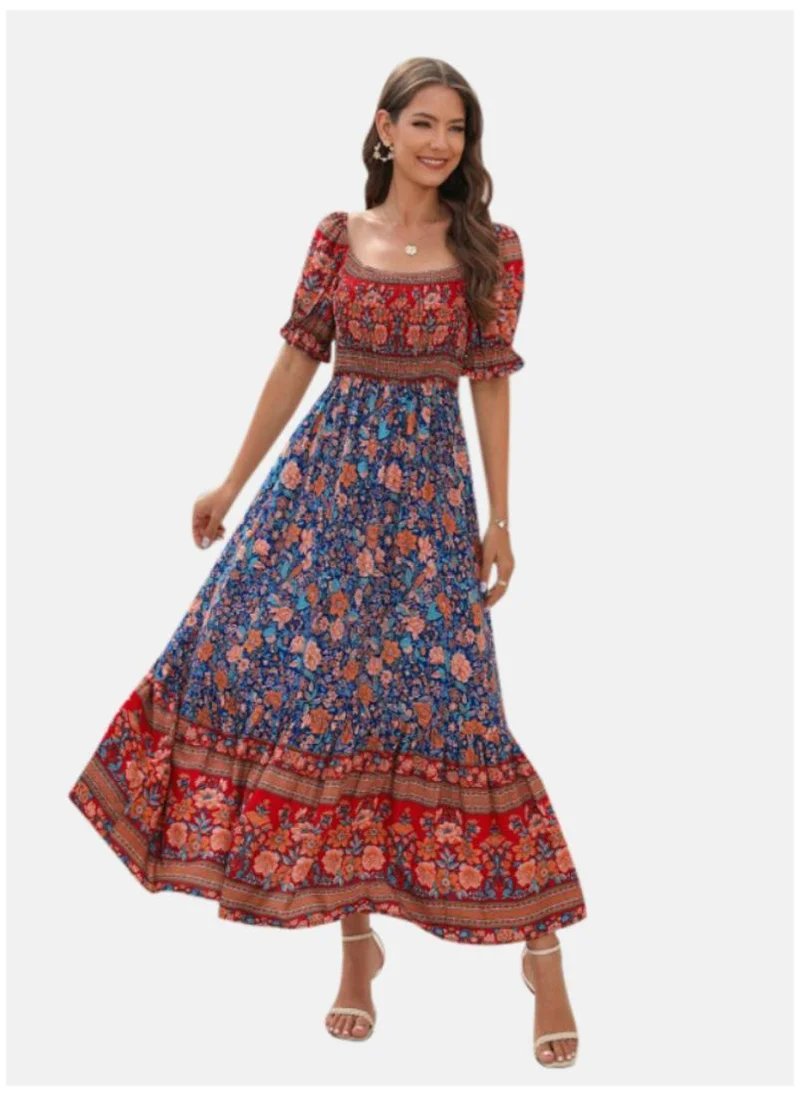YUNIQEE Multicoloured Floral Square Neck Print A-Line Midi Dress