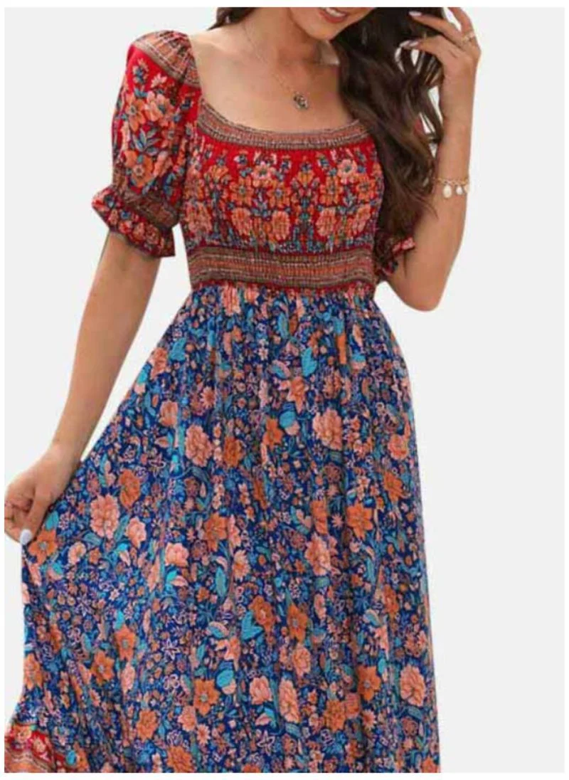 YUNIQEE Multicoloured Floral Square Neck Print A-Line Midi Dress