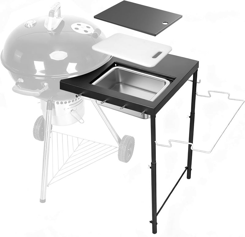Utheer All-in-One Grill Table for Weber Kettle 22"/18"/26" & Smokey Mountain, Recteq Pellet Grill RT-B380, Prep Station with Cutting Board, Basin, 4 Hooks, Heavy-Duty Steel Side Shelf for Outdoor Cooking - Image 1