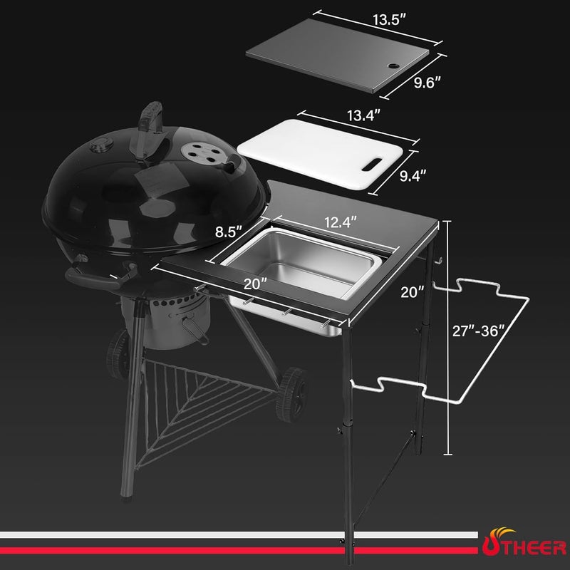 Utheer All-in-One Grill Table for Weber Kettle 22"/18"/26" & Smokey Mountain, Recteq Pellet Grill RT-B380, Prep Station with Cutting Board, Basin, 4 Hooks, Heavy-Duty Steel Side Shelf for Outdoor Cooking - Image 2