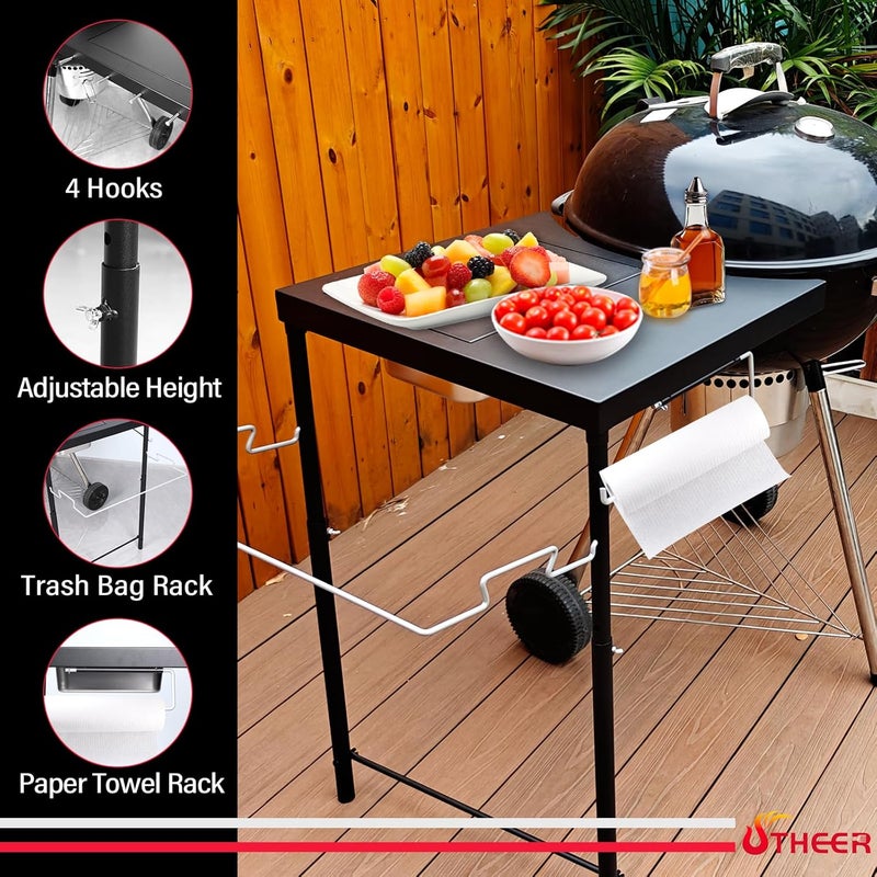 Utheer All-in-One Grill Table for Weber Kettle 22"/18"/26" & Smokey Mountain, Recteq Pellet Grill RT-B380, Prep Station with Cutting Board, Basin, 4 Hooks, Heavy-Duty Steel Side Shelf for Outdoor Cooking - Image 5