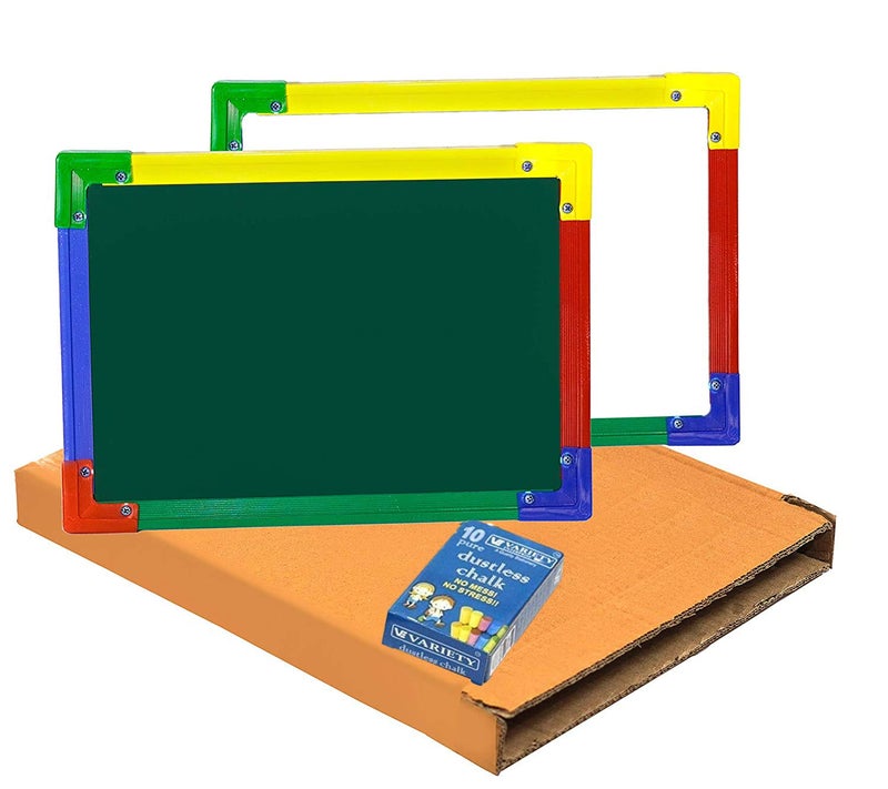 DAHSHA 2 in 1 Double Sided Slate White & Green for Kids Double Sided Board with Colorful Aluminum Frame with Chalk (34 * 24 cm) - Image 1