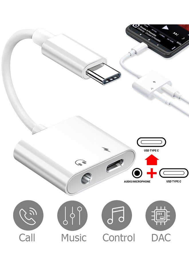 دبليو أف أف أو محول 2 في 1 من USB C إلى منفذ سماعة 3.5 ملم، محول شحن صوتي جديد DAC من نوع C Aux لفصل سماعة الأذن، متوافق مع Apple iPad Pro وGalaxy S25 Ultra وS10 Lite وNote10 وA90 وZ Flip وTab S6 وHuawei P30 - يدعم المكالمات والشحن - اللون أبيض - Image 1
