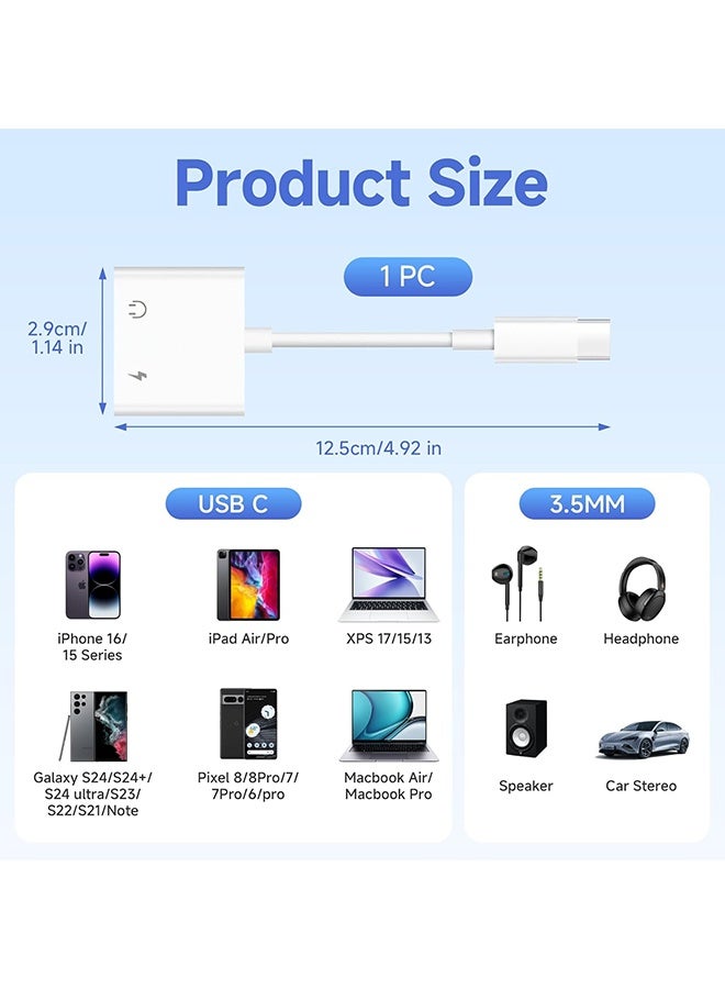 دبليو أف أف أو محول 2 في 1 من USB C إلى منفذ سماعة 3.5 ملم، محول شحن صوتي جديد DAC من نوع C Aux لفصل سماعة الأذن، متوافق مع Apple iPad Pro وGalaxy S25 Ultra وS10 Lite وNote10 وA90 وZ Flip وTab S6 وHuawei P30 - يدعم المكالمات والشحن - اللون أبيض - Image 2