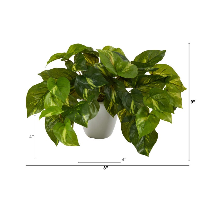 Nearly Natural 9in. Pothos Artificial Plant in White Planter (Real Touch) - Image 2