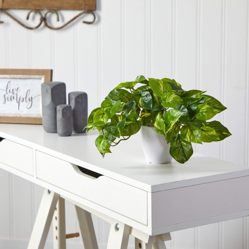 Nearly Natural 9in. Pothos Artificial Plant in White Planter (Real Touch) - Image 3