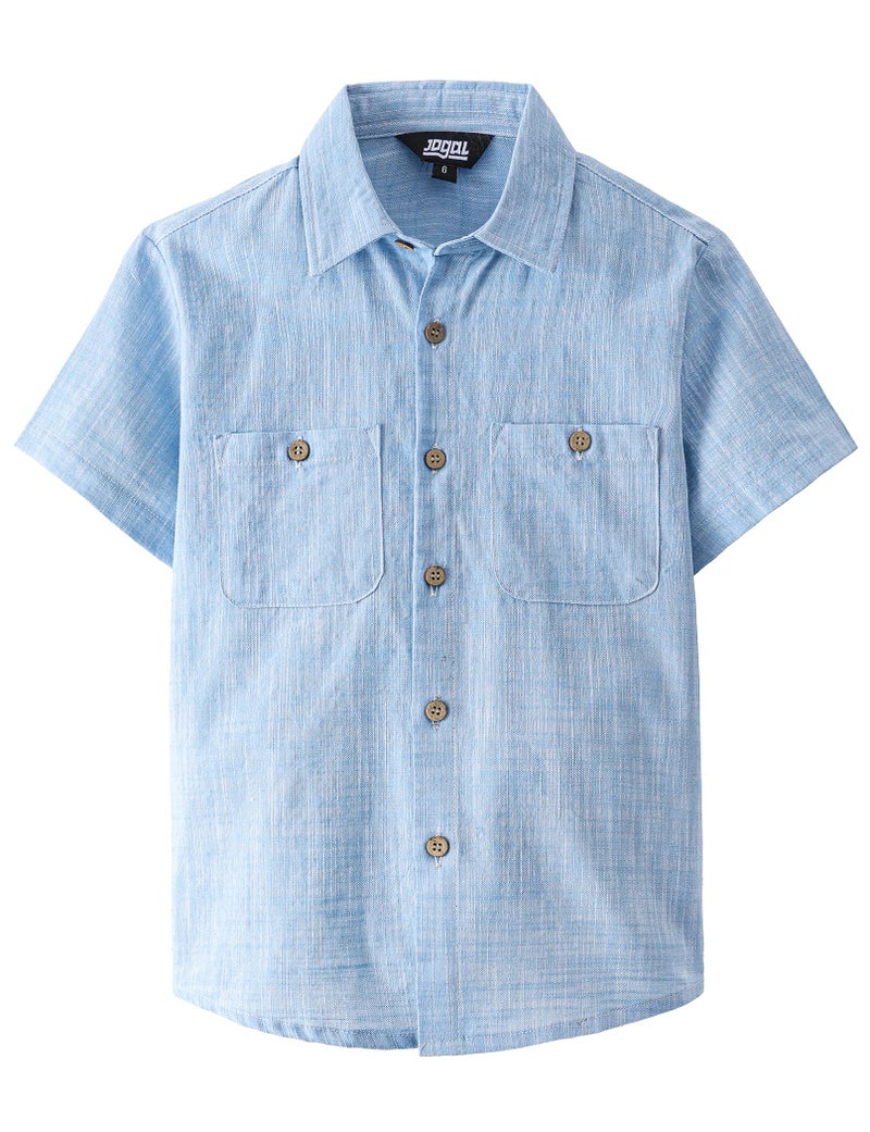 JOGAL Boys Chambray Shirts Short Sleeve Button Down Casual Cotton Woven Shirt with Two Pockets for Kids 6-14 Years SkyBlue 10 - Image 1
