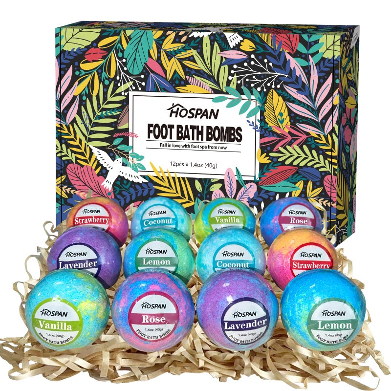 HOSPAN Organic Foot Bath Bombs Gift Set 12 Essential Oil Rich Foot Soak for Mom and Dad Handmade Foot Spa Bomb with Wonderful Bubbles Great for Soothes Sore Tired Feet Dry Feet Moisturize