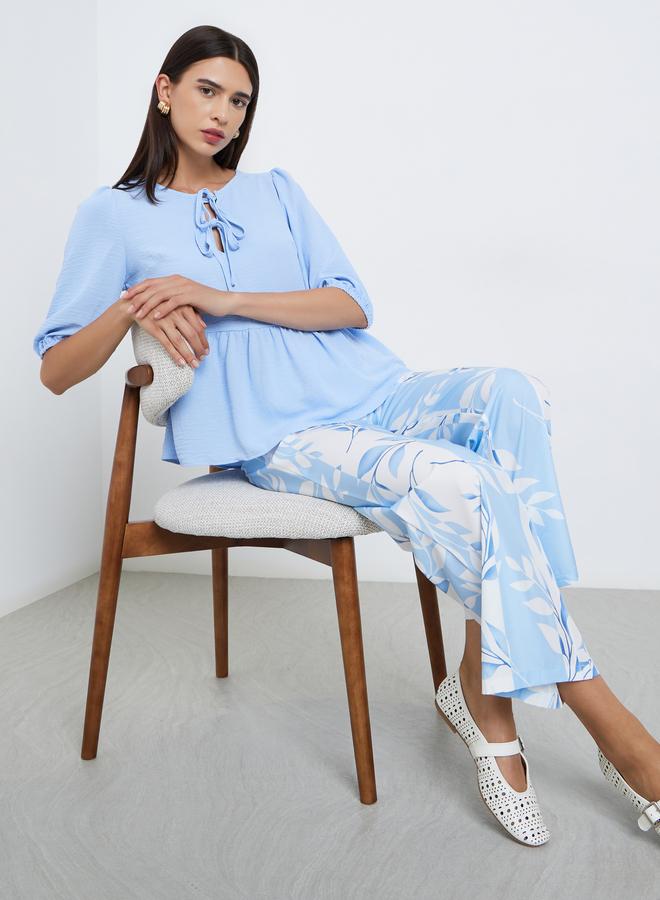 Take Two Blue Ruffle Hem Top and Floral Print Pants Co-Ords - Image 1