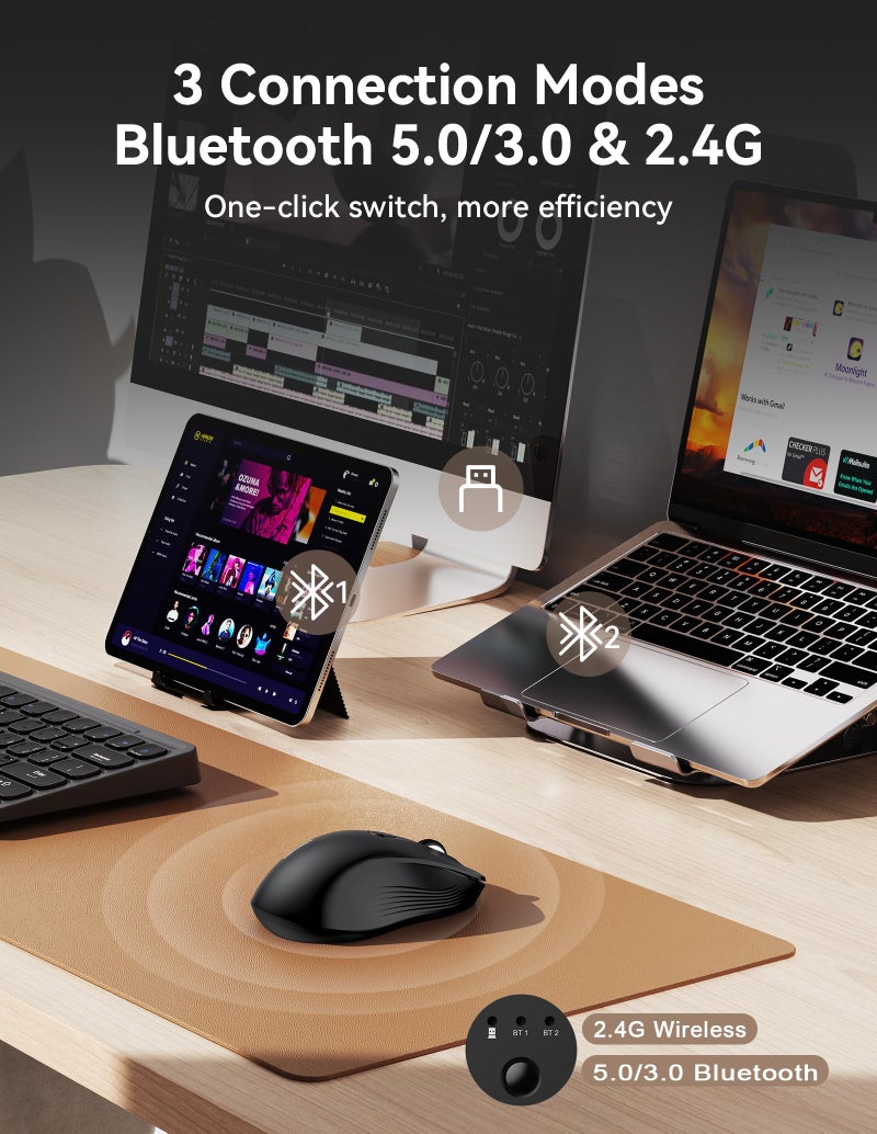 TECKNET Bluetooth Mouse, [ USB + BT1 + BT2 ] Wireless Mouse for Laptop, Silent Click, Ergonomic Design, 4800 DPI Computer Mice Wireless, Dual Mode for Laptop, Computer, iPad, MacBook - Image 2
