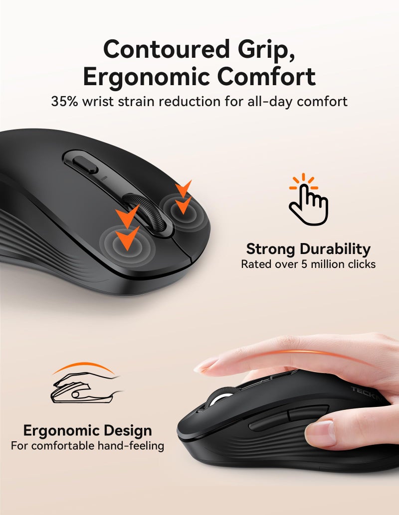 TECKNET Bluetooth Mouse, [ USB + BT1 + BT2 ] Wireless Mouse for Laptop, Silent Click, Ergonomic Design, 4800 DPI Computer Mice Wireless, Dual Mode for Laptop, Computer, iPad, MacBook - Image 3