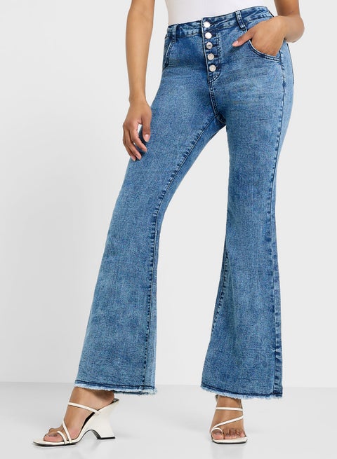 High Rise Bootcut Fit Jeans With Frayed Hem