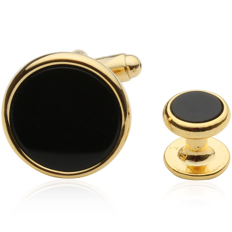 Cuff-Daddy Mens Black Onyx Gold Tuxedo Cufflinks and Studs with Travel Presentation Gift Box - Black Gold Formal Set Tux Buttons for Wedding Party - Image 2