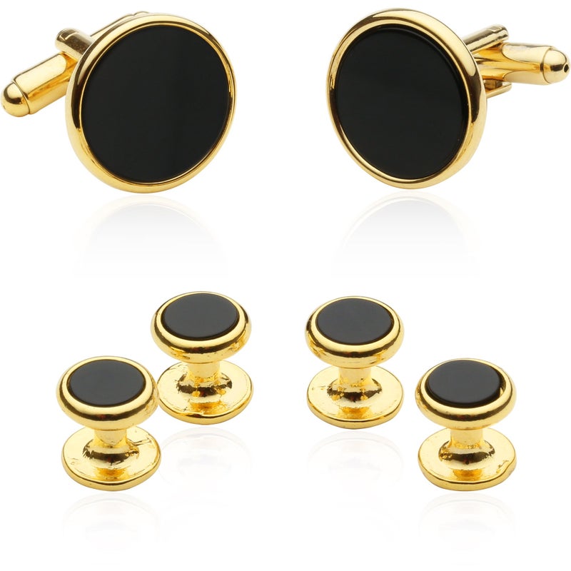Cuff-Daddy Mens Black Onyx Gold Tuxedo Cufflinks and Studs with Travel Presentation Gift Box - Black Gold Formal Set Tux Buttons for Wedding Party - Image 1