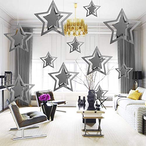Shoro Pack of 10 Silver Metallic 3D Star Party Decoration Kit Star Party Supplies Hanging Decor for Party, Birthday, Anniversary, New Year Event, Home, Banquet Hall Event & Occasion Decoration - Image 3