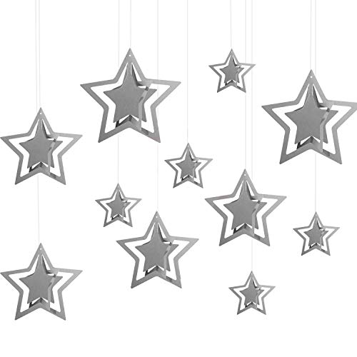 Shoro Pack of 10 Silver Metallic 3D Star Party Decoration Kit Star Party Supplies Hanging Decor for Party, Birthday, Anniversary, New Year Event, Home, Banquet Hall Event & Occasion Decoration - Image 1
