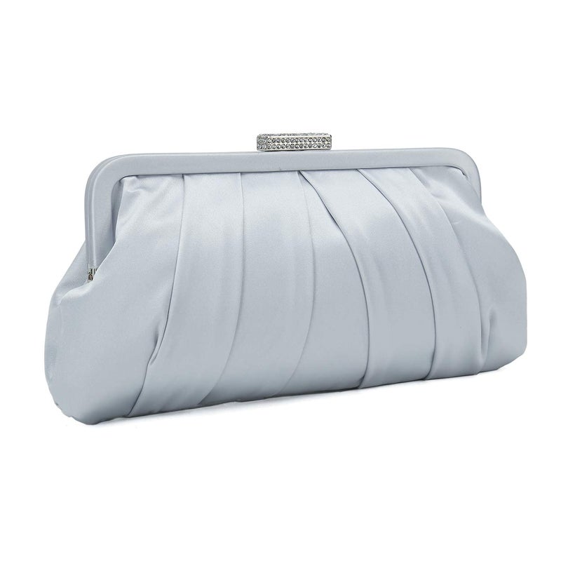 CHARMING TAILOR Classic Pleated Satin Clutch Bag Diamante Embellished Formal Handbag for Wedding/Prom/Black-Tie Events (Silver) - Image 1