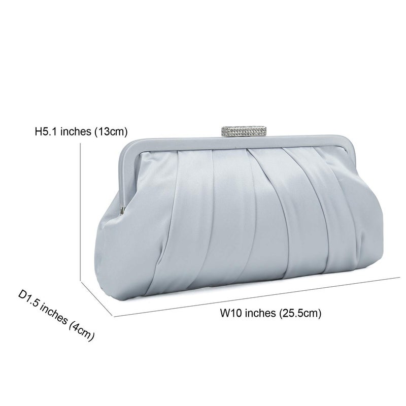 CHARMING TAILOR Classic Pleated Satin Clutch Bag Diamante Embellished Formal Handbag for Wedding/Prom/Black-Tie Events (Silver) - Image 4