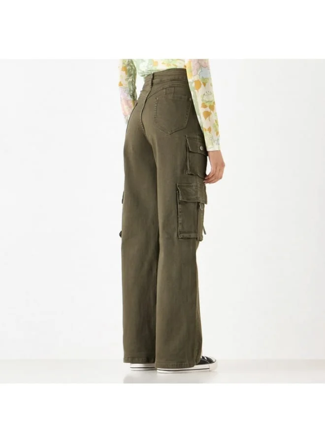 2Xtremz 2Xtremz Solid Wide Leg Cargo Jeans with Pockets