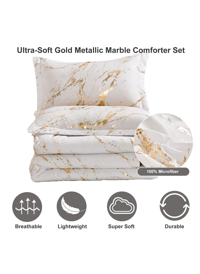 WONGS BEDDING White Gold Metallic Marble Christmas Comforter Set King Foil Print Glitter Bedding Sets with 2 Pillowcases for All Seasons  Soft Microfiber Filling Bedding Duvet Set 103""x90""  - Image 3
