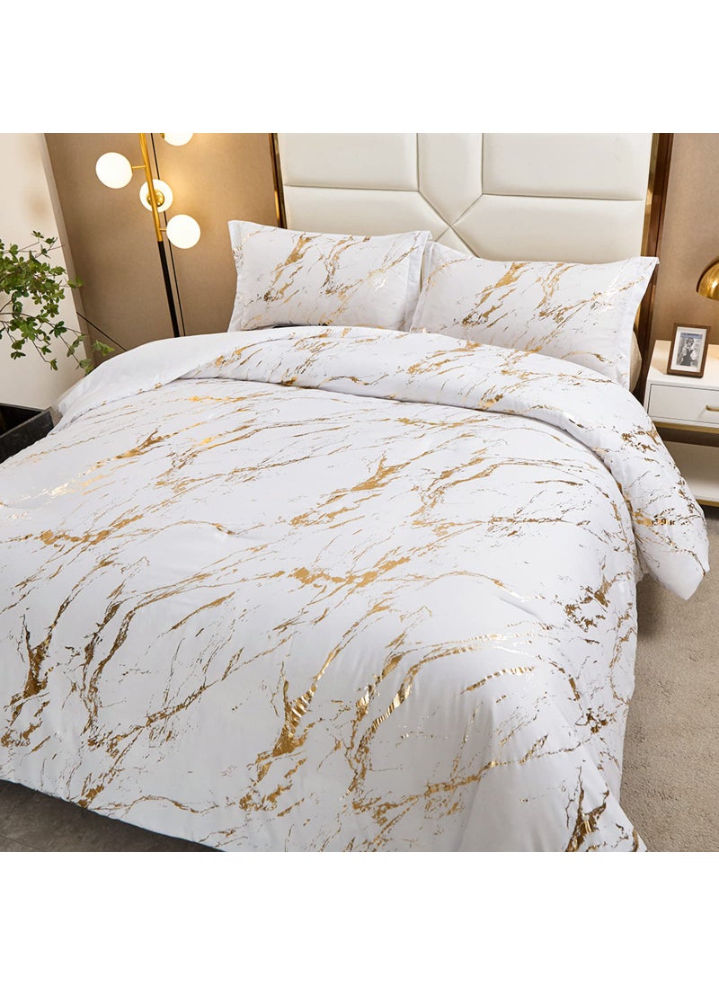 WONGS BEDDING White Gold Metallic Marble Christmas Comforter Set King Foil Print Glitter Bedding Sets with 2 Pillowcases for All Seasons  Soft Microfiber Filling Bedding Duvet Set 103""x90""  - Image 4