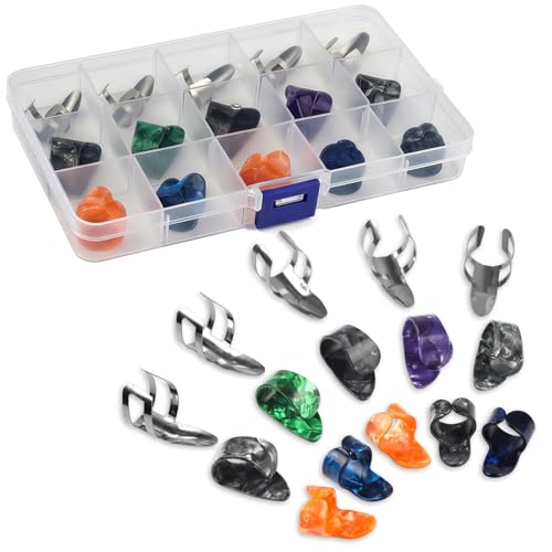 GOGHOST 15pcs Finger Pick Metal Thumb Pick Set Guitar Picks with 15 Grid Case Storage Box - Image 1