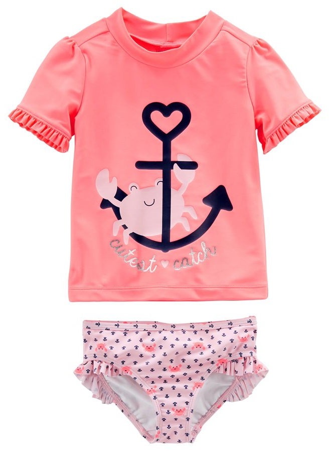 by Carter's Girls' 2-Piece Assorted Rashguard Sets, Pink Anchor Print/Salmon Pink Crab, 3T